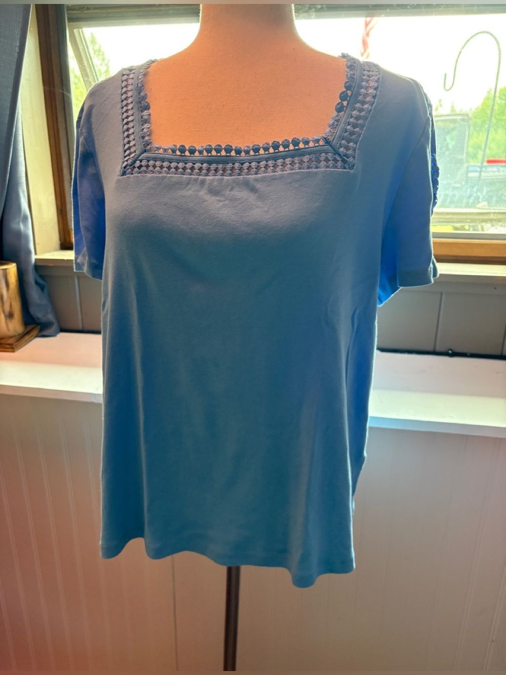 Rafaella 2PC Blue & White Top Set Square Neck Short Sleeve Casual